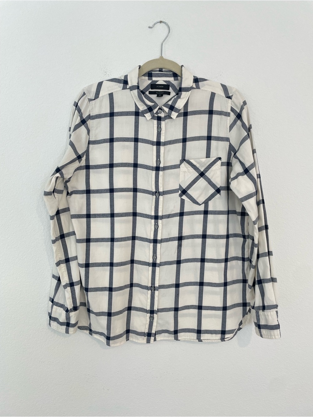 J. Crew Classic Women's 12 Flannel Cream and Black Plaid Button-Down Shirt